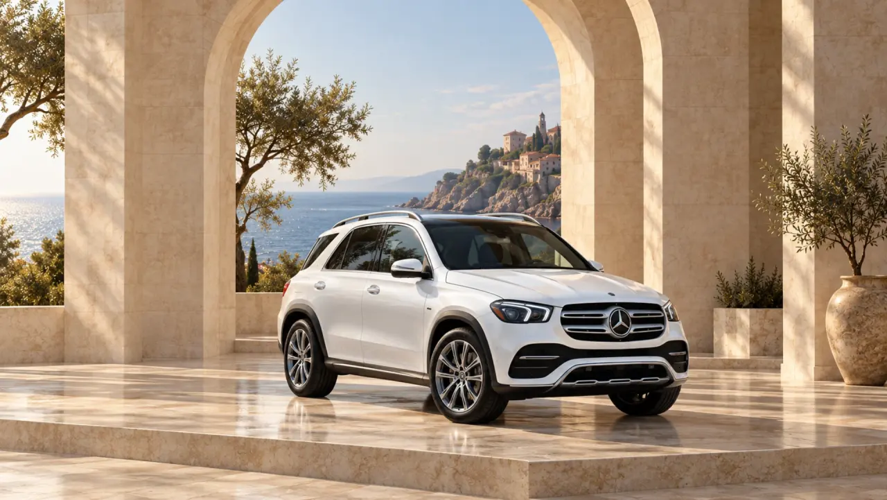 Белый Mercedes-Benz GLE в архитектурной галерее